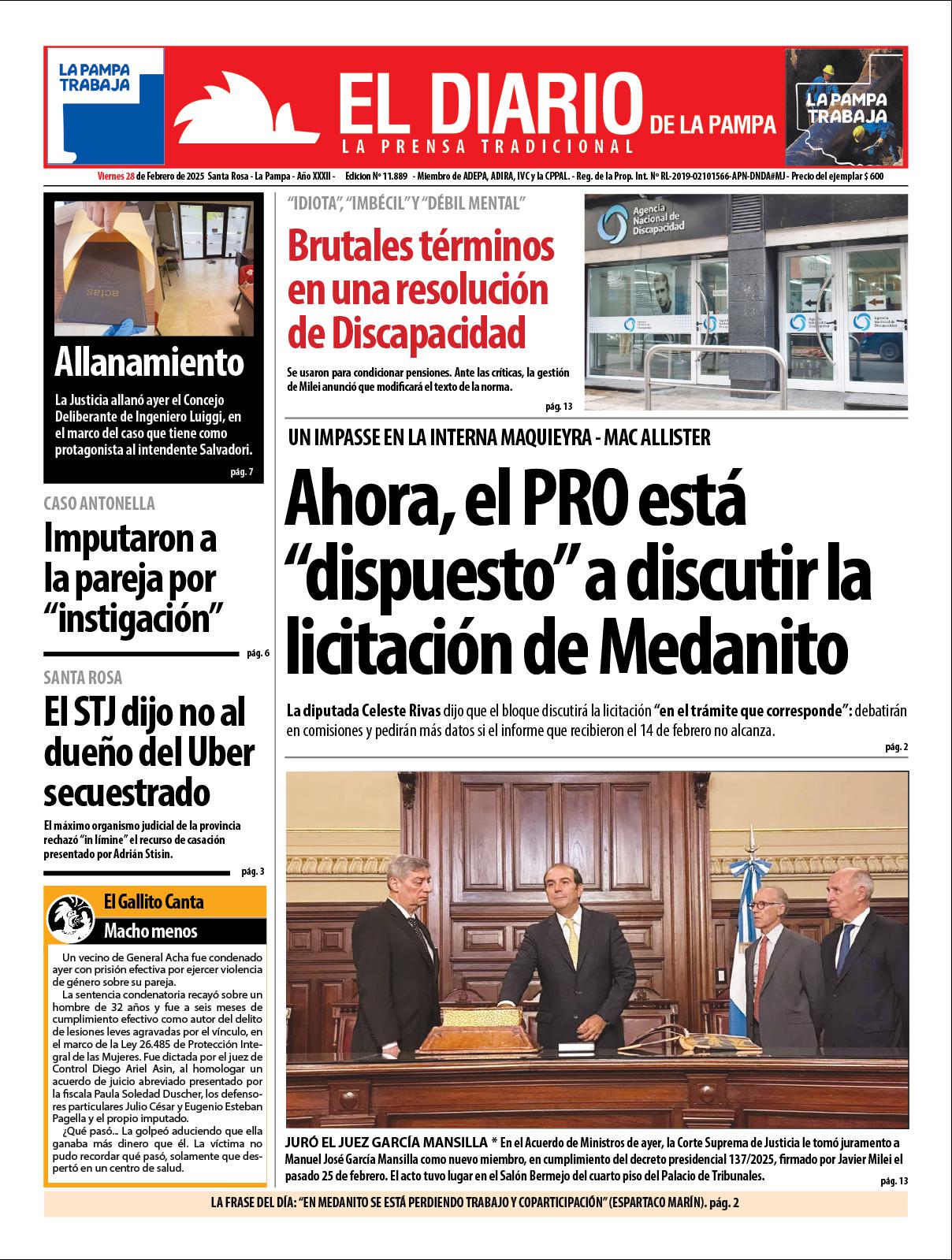 Tapa de El Diario en papel  viernes 28 de febrero de 2025